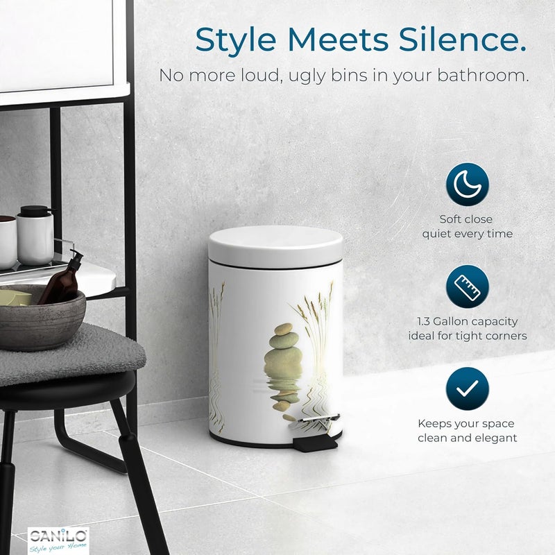 Sanilo Small Bathroom Trash Can with Lid [1.3 Gallon] - Lidded Tiny Trashcan for Garbage - Mini Metal Bin with Soft Closing Mechanism - Bath Room Accessoire Wastebin with Inner Bucket (Balance) - Image 3